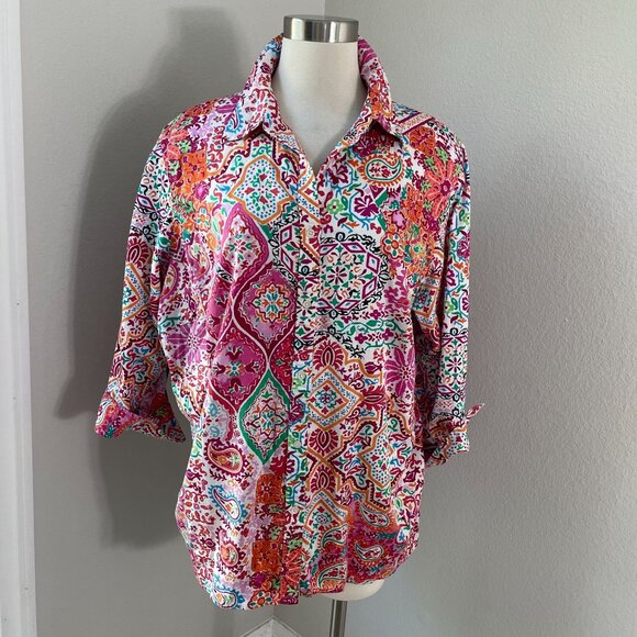 Lauren Ralph Lauren Womens Plus 2X Floral Button Up Shirt 3/4 Sleeve Blouse - Picture 1 of 10